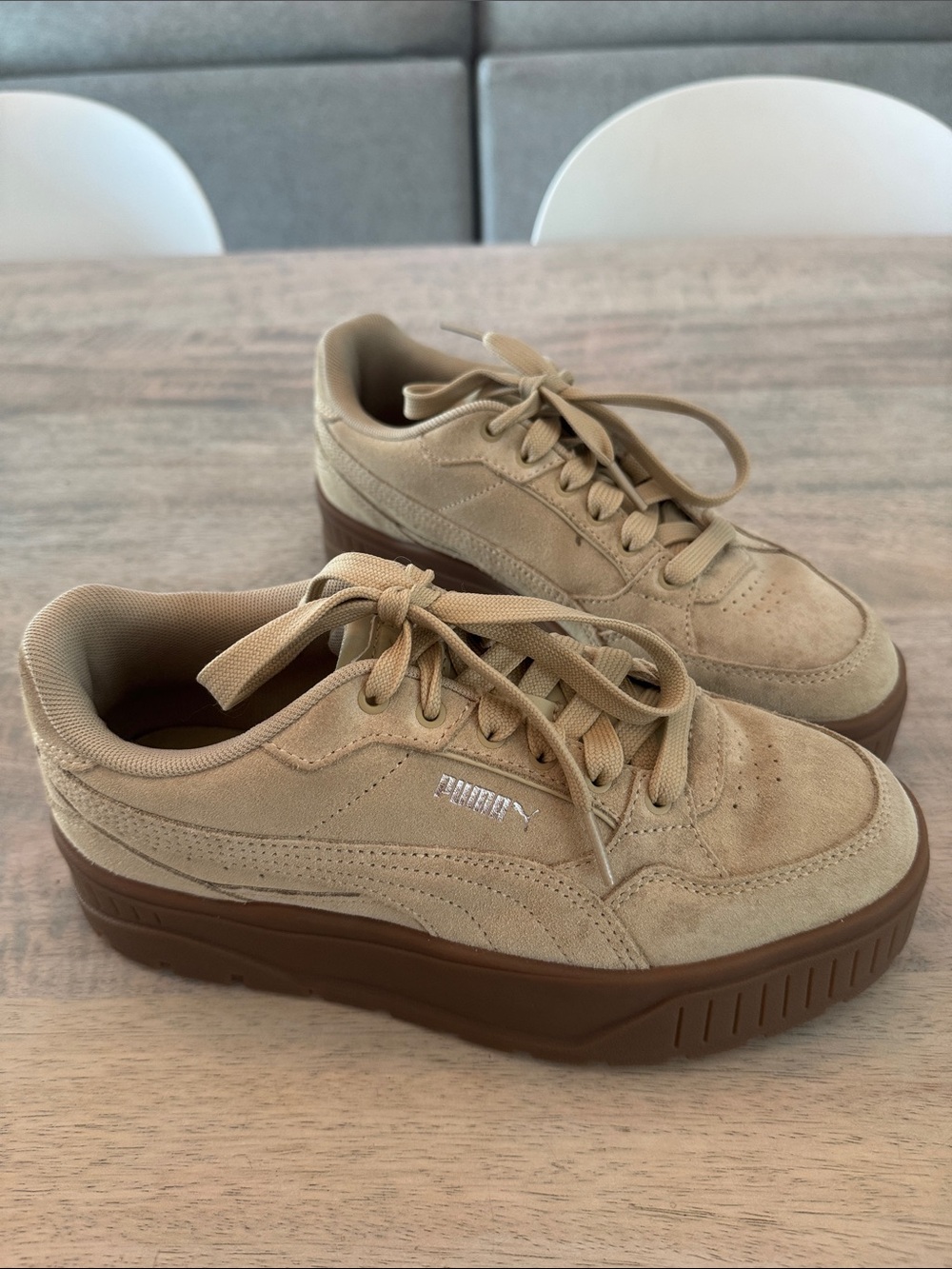 Puma Tan Suede Platform Sneakers with Brown Sole